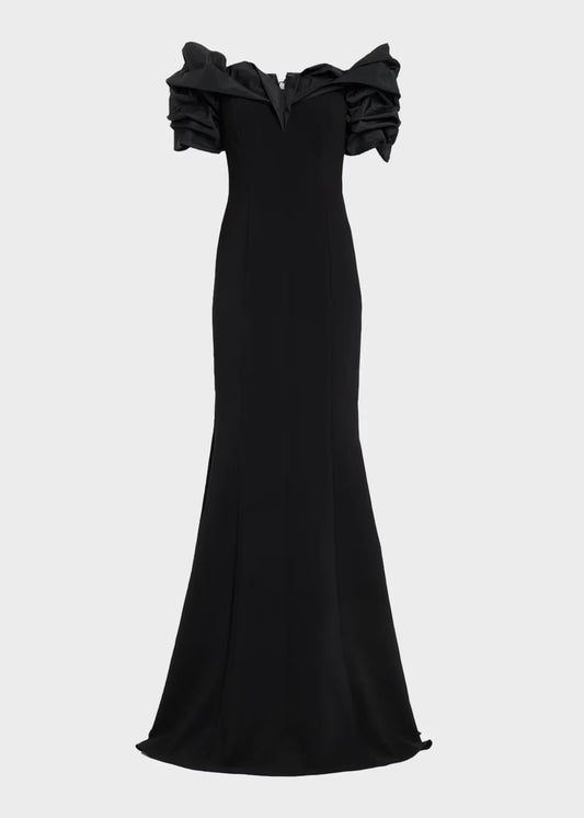 Crepe Taffeta Crunch Bodice Off Shoulder Gown