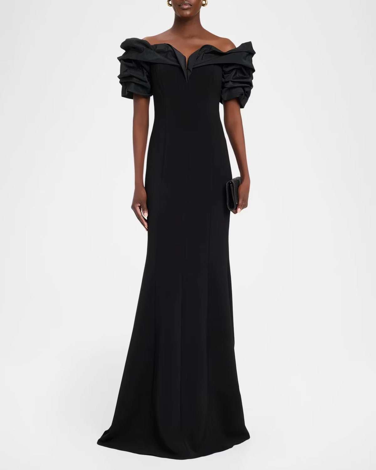 Crepe Taffeta Crunch Bodice Off Shoulder Gown