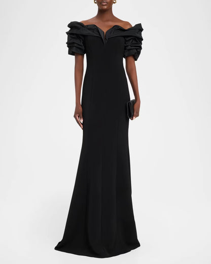 Crepe Taffeta Crunch Bodice Off Shoulder Gown