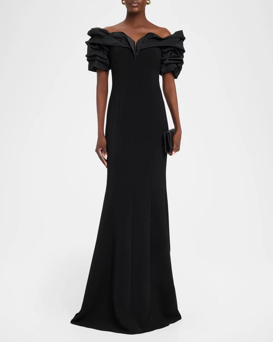 Crepe Taffeta Crunch Bodice Off Shoulder Gown