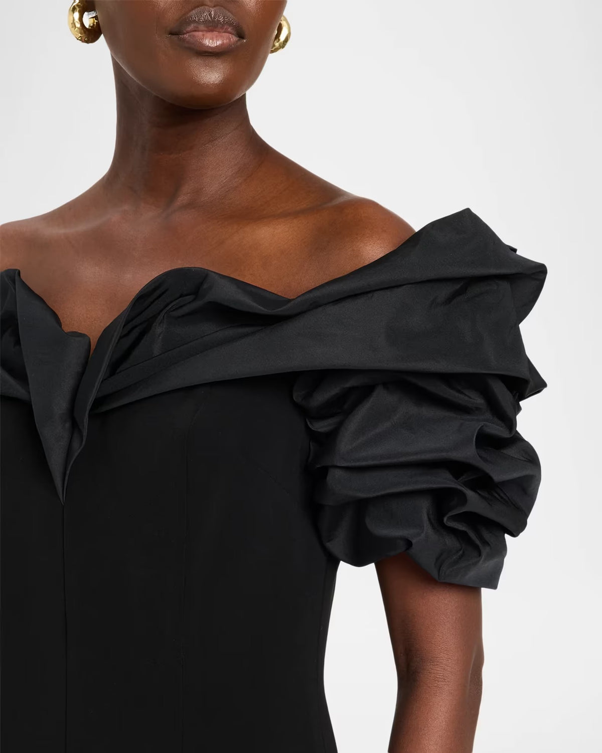 Crepe Taffeta Crunch Bodice Off Shoulder Gown