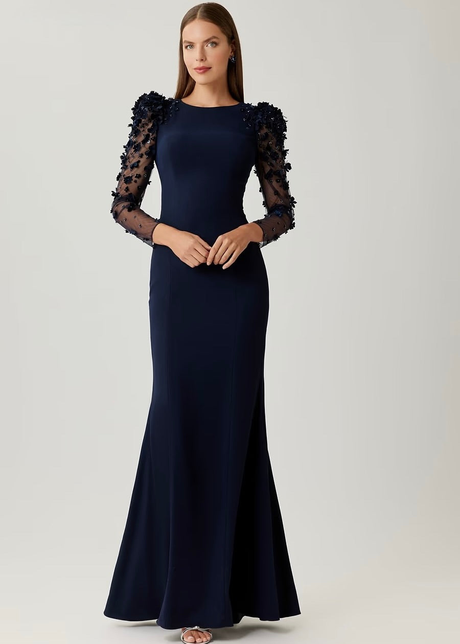 Floral Appliqué Crepe Illusion Sleeve Gown