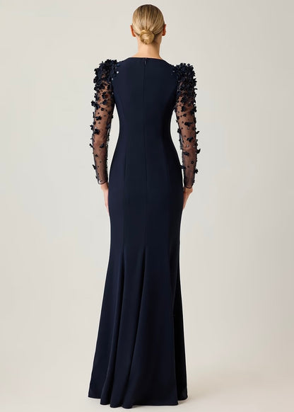 Floral Appliqué Crepe Illusion Sleeve Gown