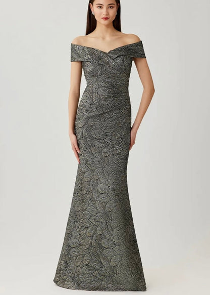 Jacquard Leaf Pattern Off the Shoulder Gown