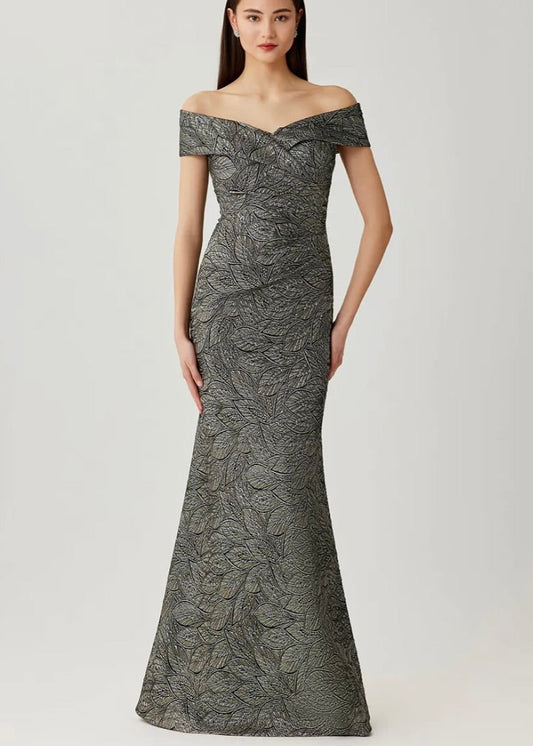 Jacquard Leaf Pattern Off the Shoulder Gown