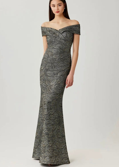 Jacquard Leaf Pattern Off the Shoulder Gown