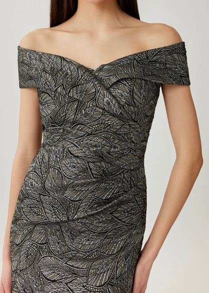 Jacquard Leaf Pattern Off the Shoulder Gown