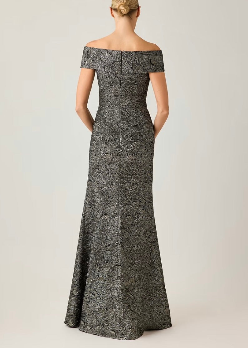 Jacquard Leaf Pattern Off the Shoulder Gown