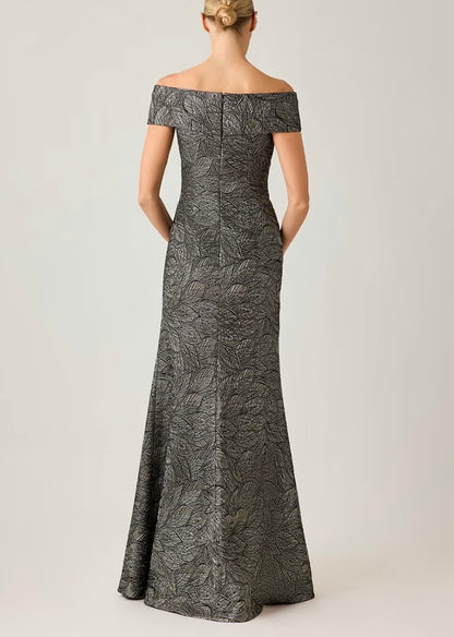 Jacquard Leaf Pattern Off the Shoulder Gown