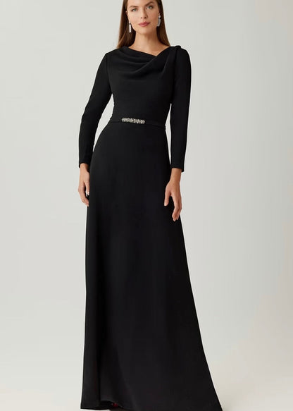 Crepe Drape Neck A Line Gown