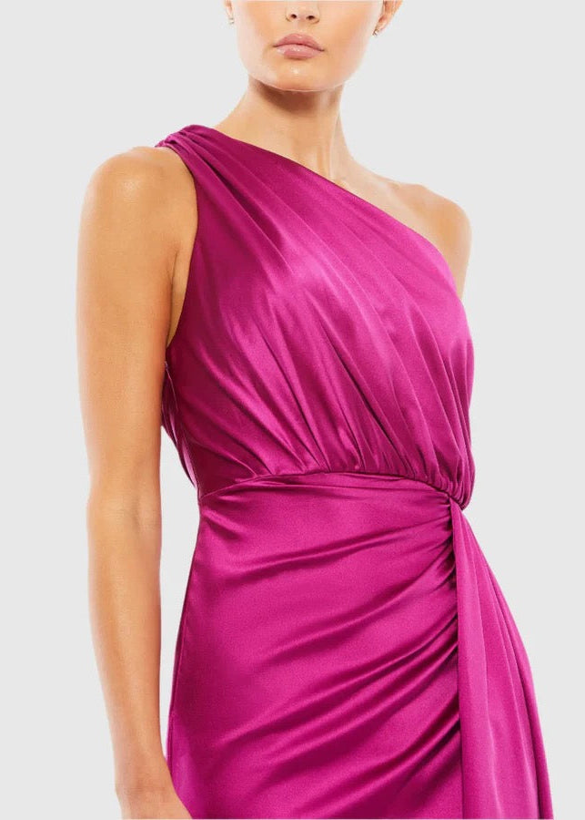 Gathered One Shoulder Satin Faux Wrap Gown