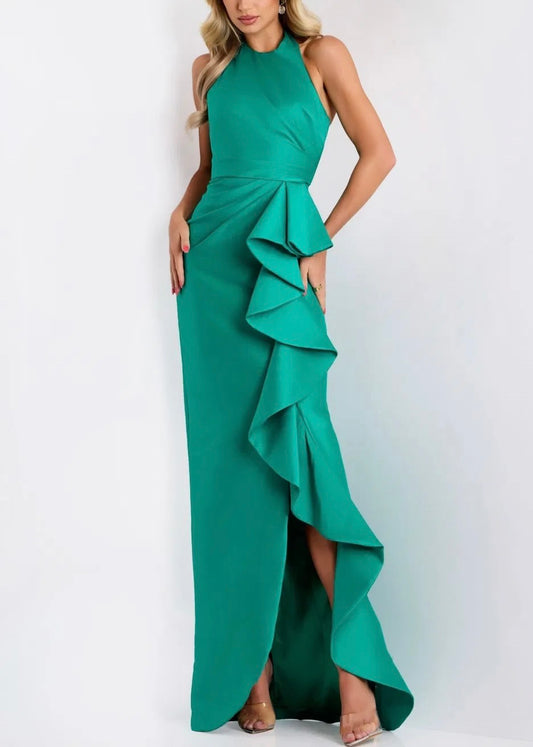 Cascading Ruffle Halter Evening Gown