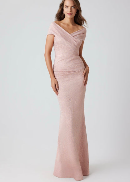Metallic Jacquard Off the Shoulder Pleated Gown