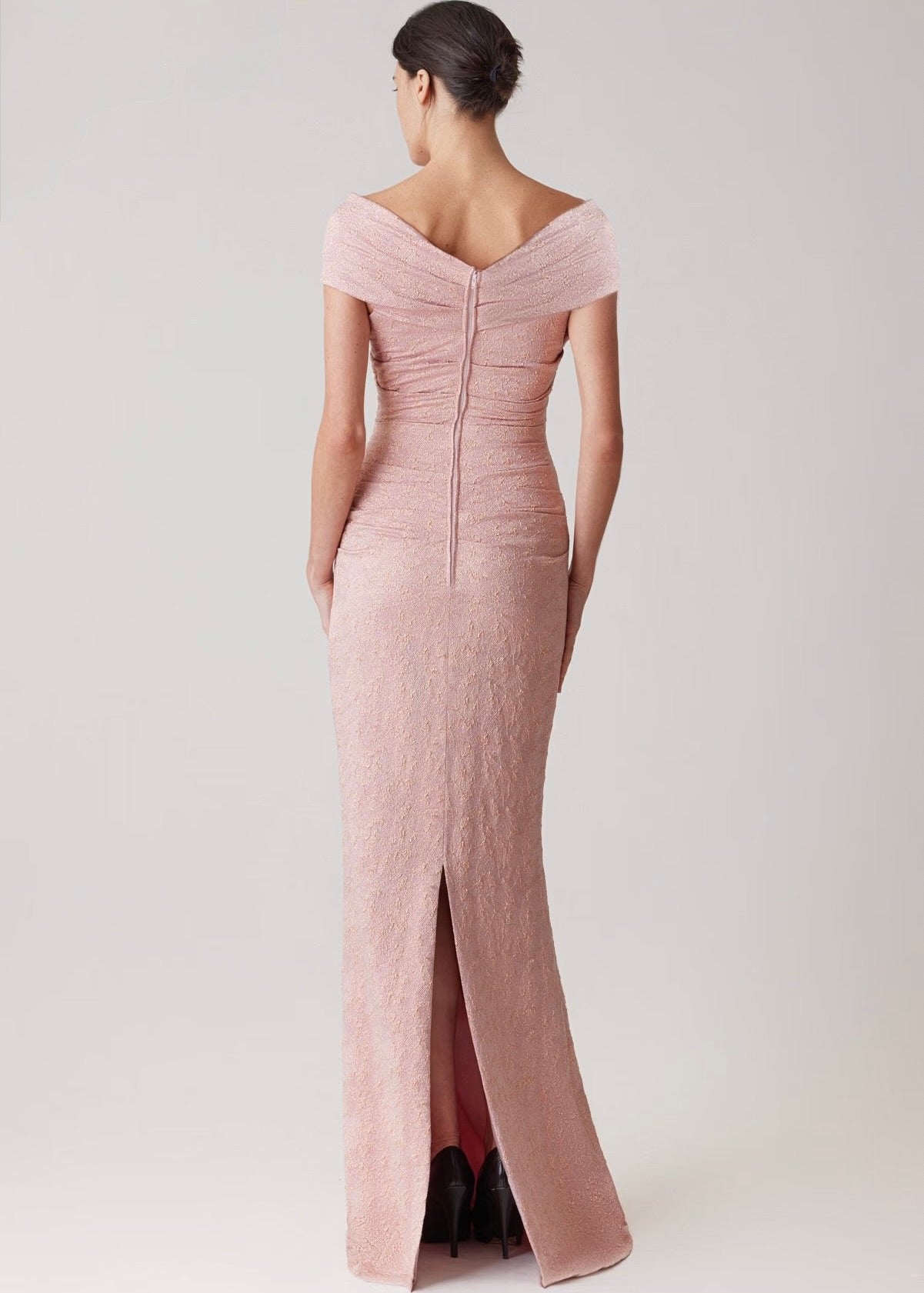 Metallic Jacquard Off the Shoulder Pleated Gown