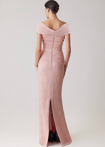 Metallic Jacquard Off the Shoulder Pleated Gown
