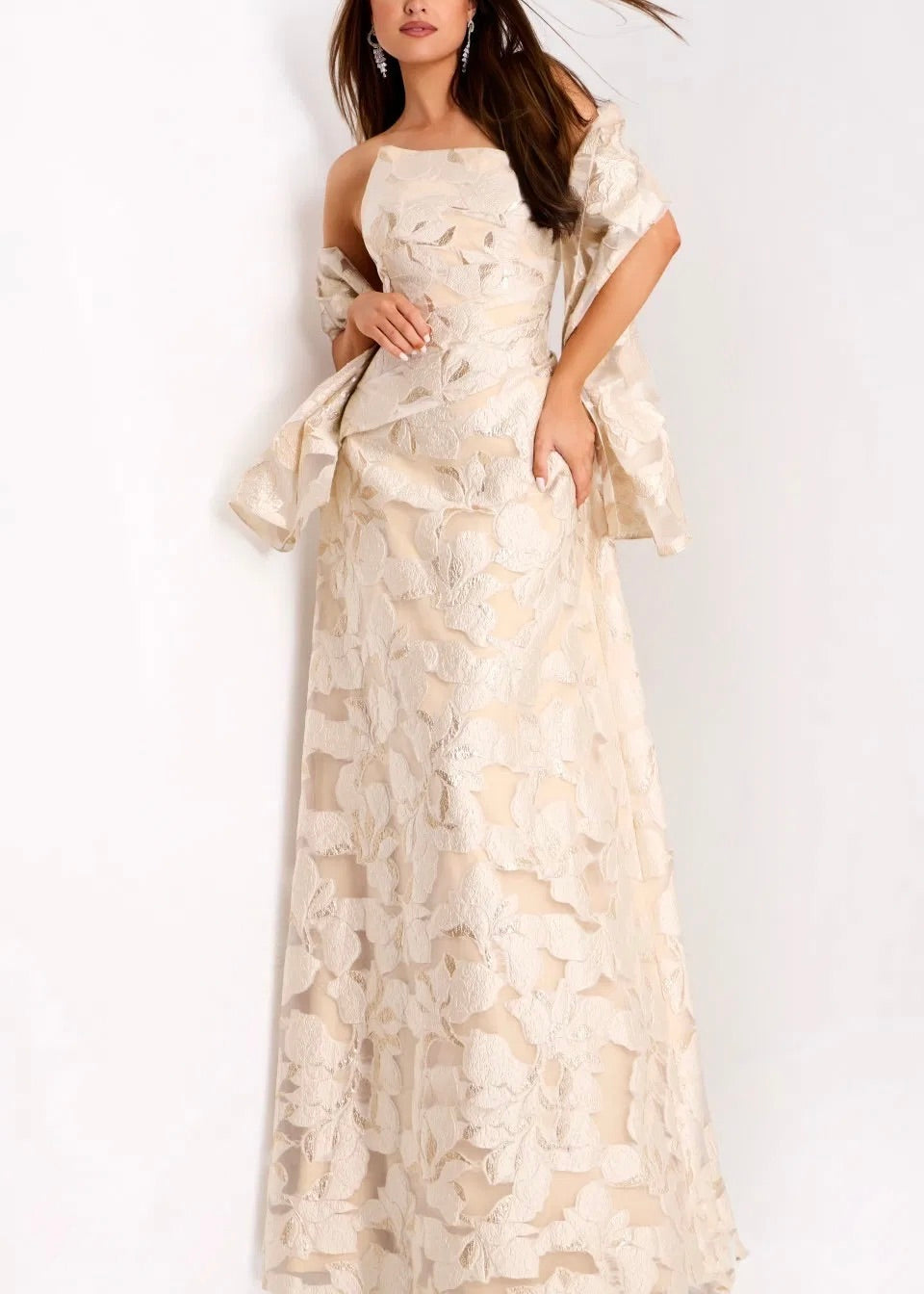 Metallic Jacquard Floral Embroidery A-Line Gown