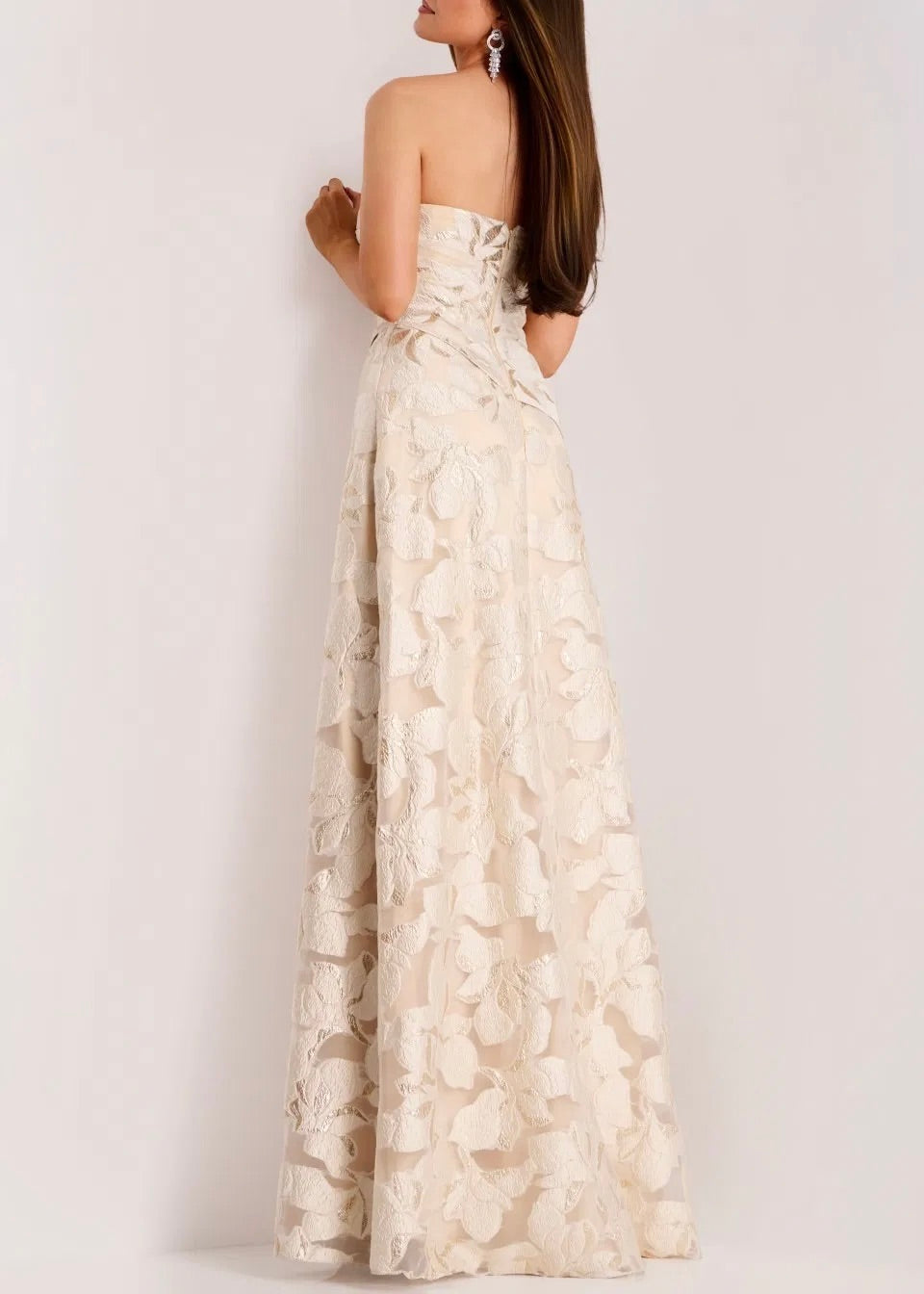 Metallic Jacquard Floral Embroidery A-Line Gown