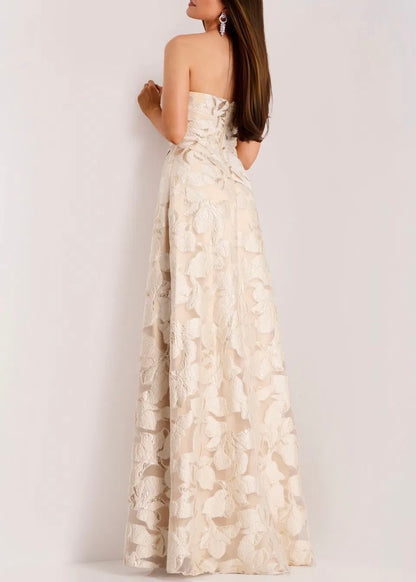 Metallic Jacquard Floral Embroidery A-Line Gown