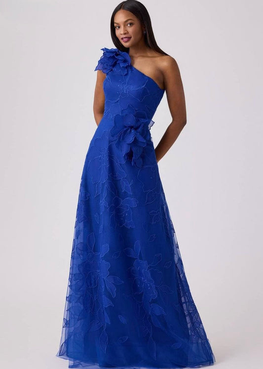 Embroidered Tulle One Shoulder Gown