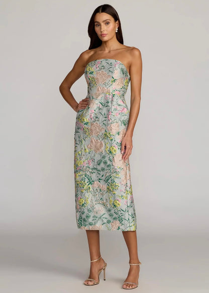 Strapless Brocade Midi Dress