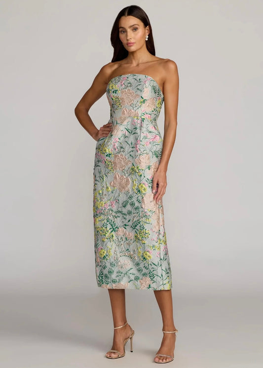 Strapless Brocade Midi Dress