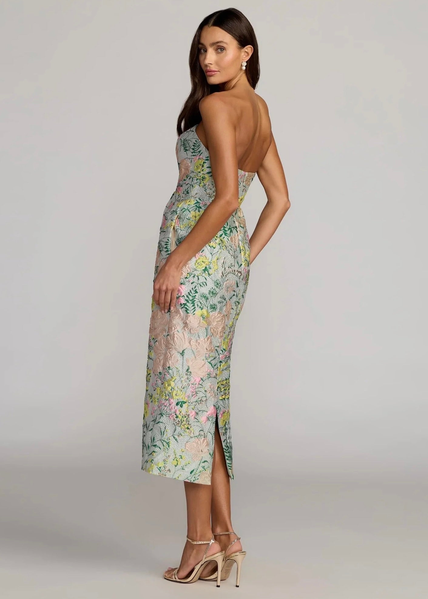 Strapless Brocade Midi Dress