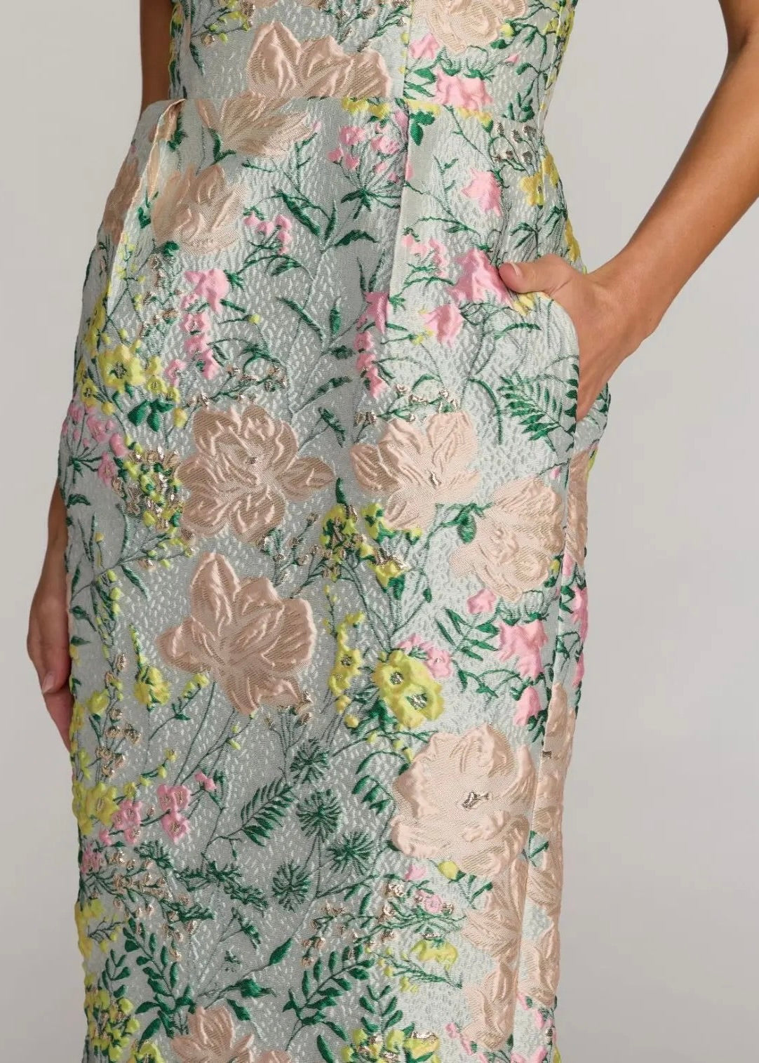 Strapless Brocade Midi Dress