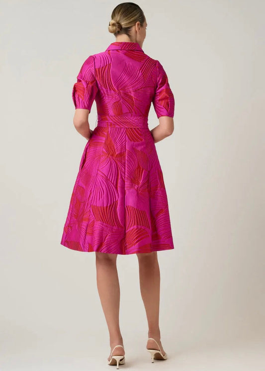 Jacquard Abstract Print Puff Sleeve Shirt Dress