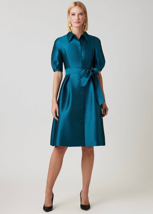 Pique Faille Puff Sleeve Shirt Dress