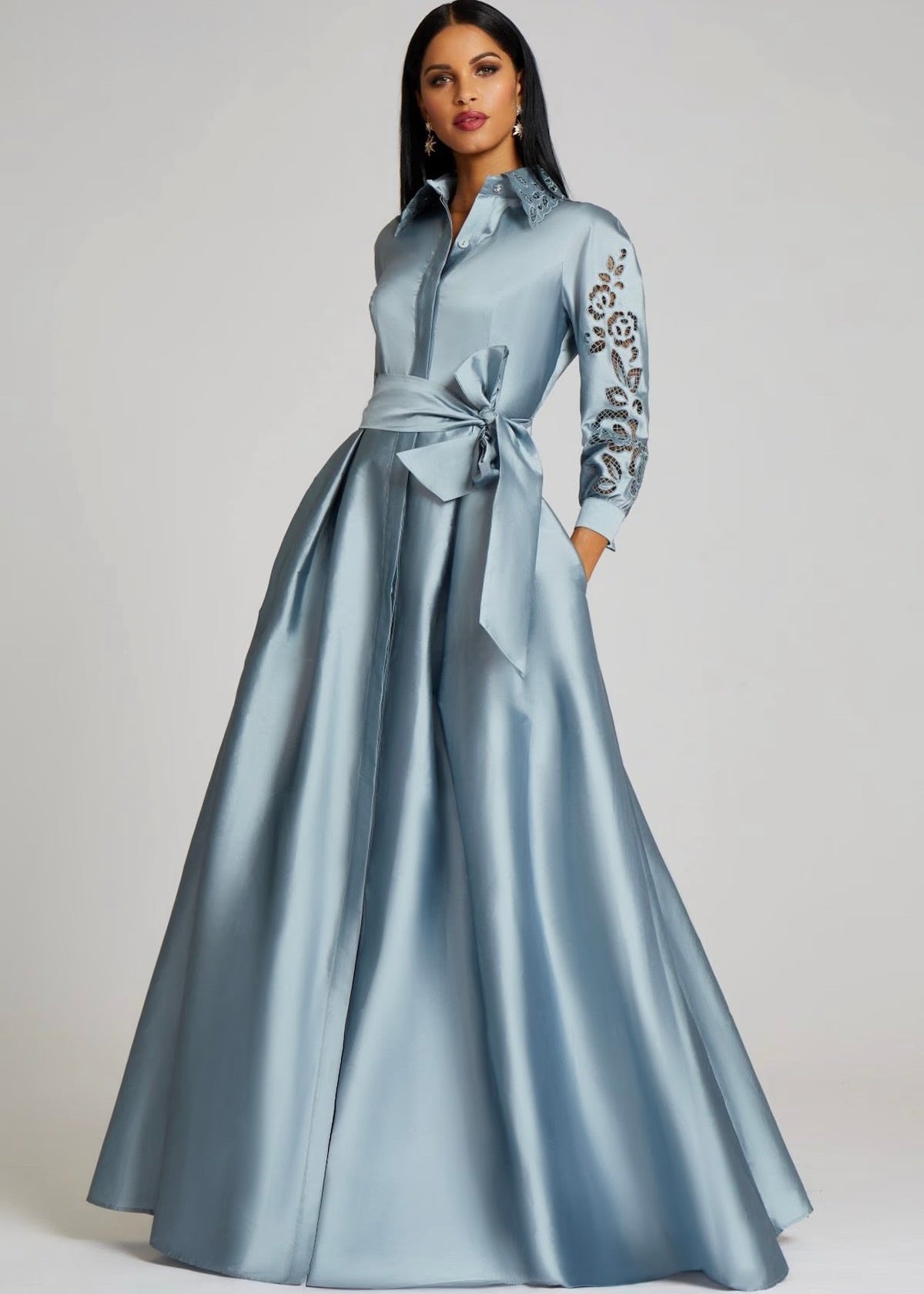 Taffeta Shirt Dress with Eyelet Sleeve