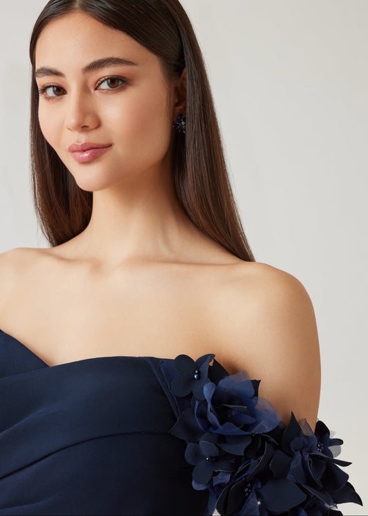 Stretch Crepe Petal Trim Off Shoulder Dress