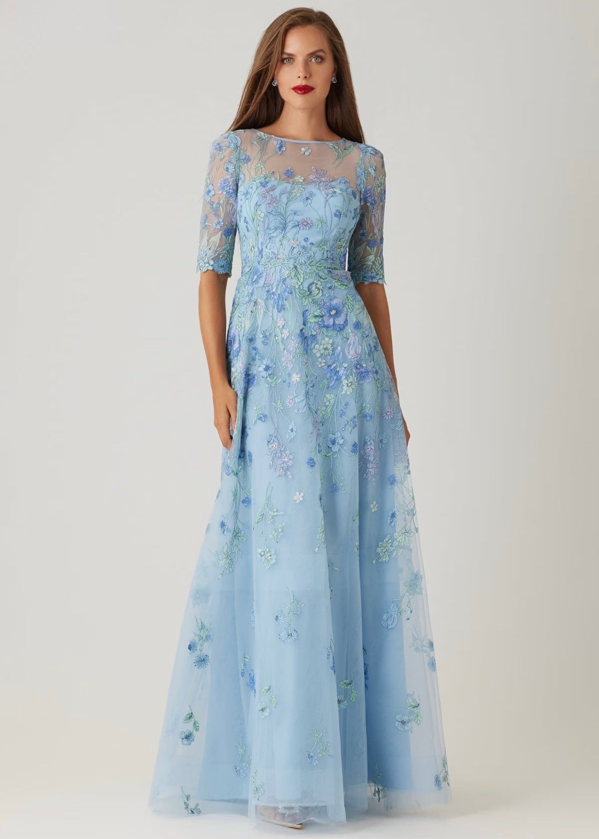 Embroidered Tulle Jewel Neck Elbow Sleeve Gown
