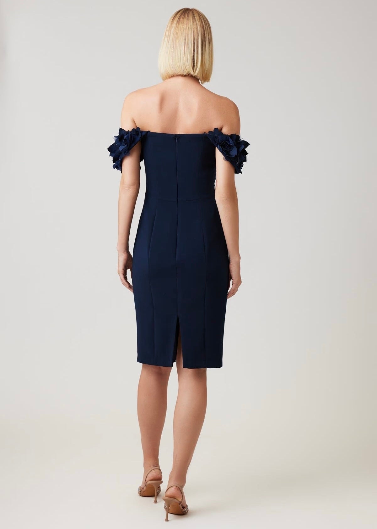 Stretch Crepe Petal Trim Off Shoulder Dress