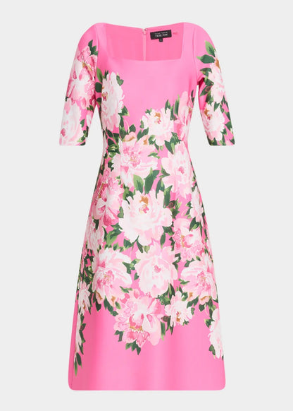 Scuba Square Neck 3D Flower Shoulder Dress