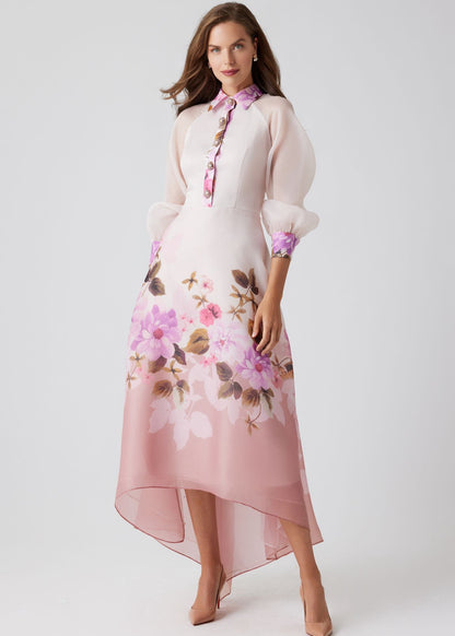 Organza Jewel Button High Low Hem Shirt Dress
