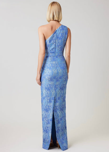 Stretch Jacquard Print One Shoulder Gown