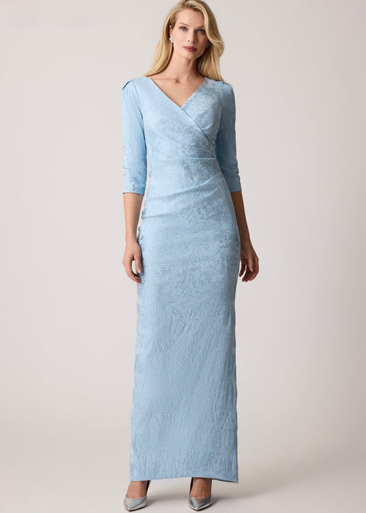Stretch Jacquard 3/4 Sleeve V Neck Gown