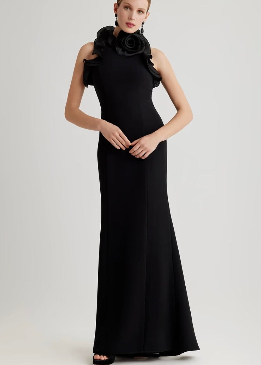 Stretch Crepe Ruffled Halter Gown