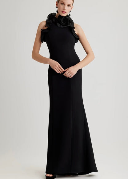 Stretch Crepe Ruffled Halter Gown