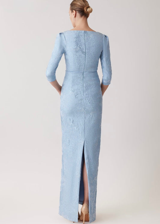 Stretch Jacquard 3/4 Sleeve V Neck Gown