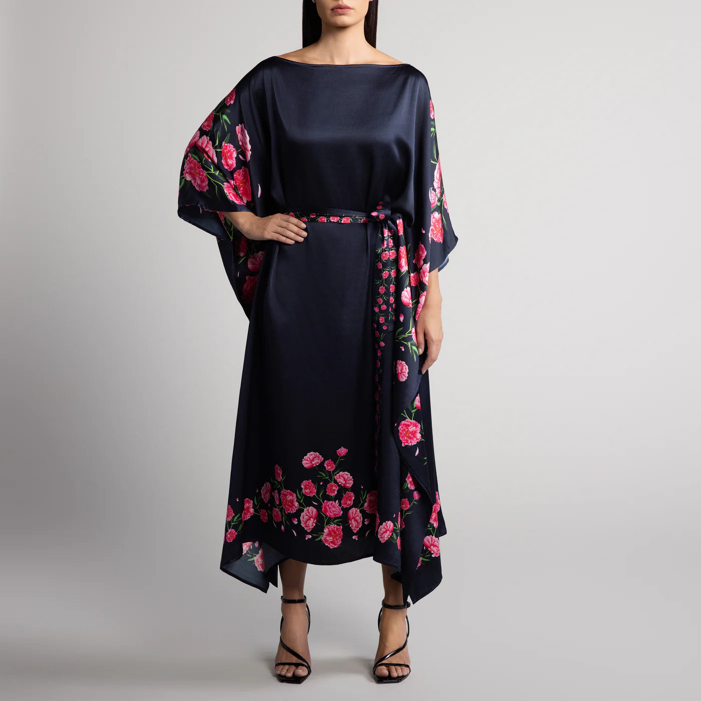 Peony Silk Caftan in Black