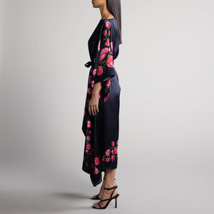 Peony Silk Caftan in Black