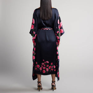 Peony Silk Caftan in Black