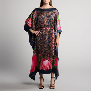 Safari Protea Silk Caftan in Leopard Print