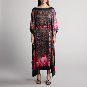 Safari Protea Silk Caftan in Leopard Print