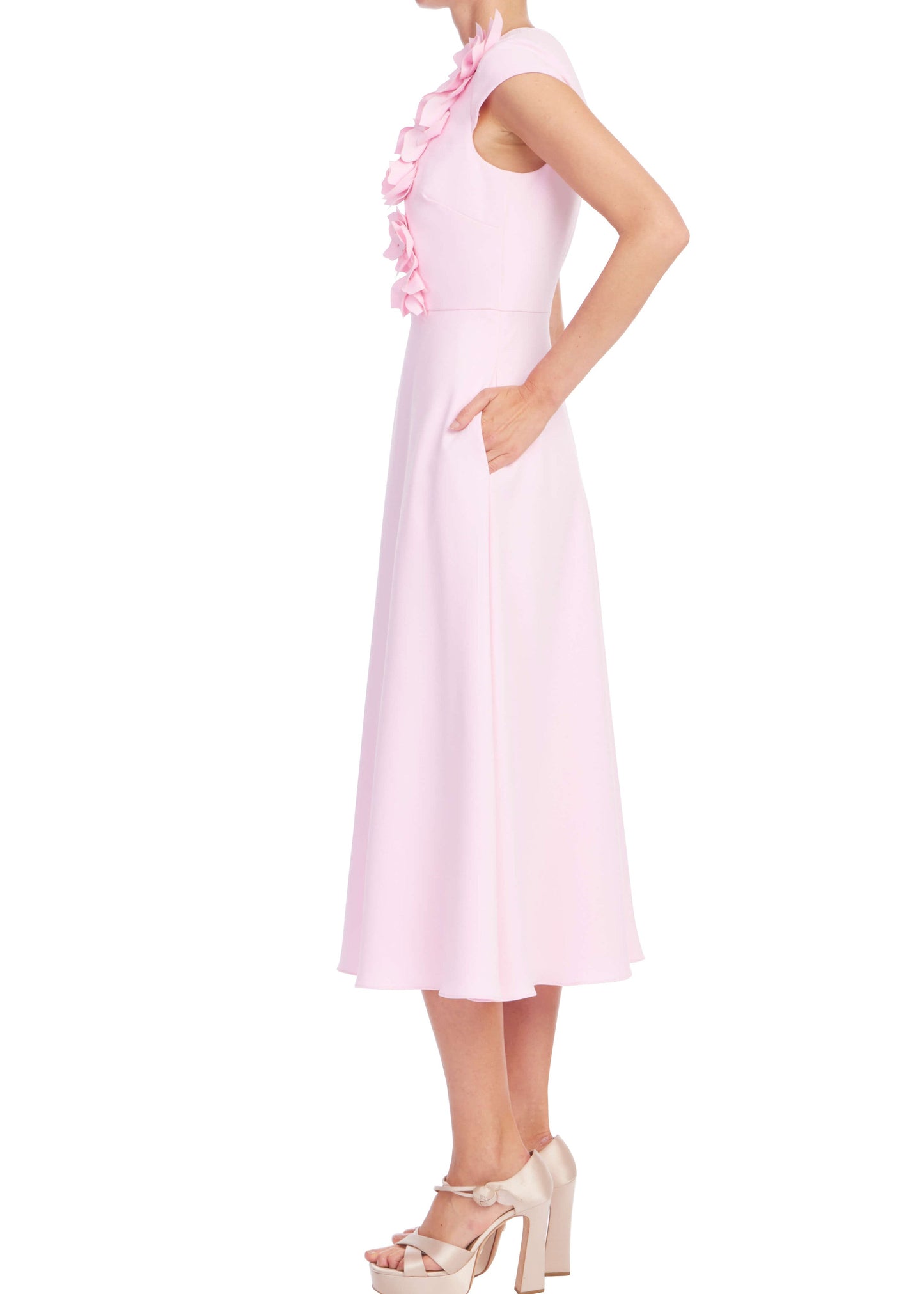 Floral Appliqué Cap Sleeve Midi Dress