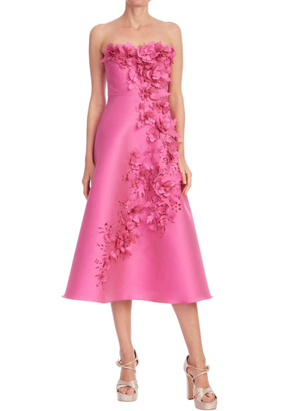 Strapless Floral Trim A-Line Midi Dress