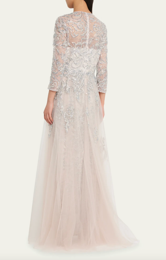 Long Sleeve Beaded Tulle Gown