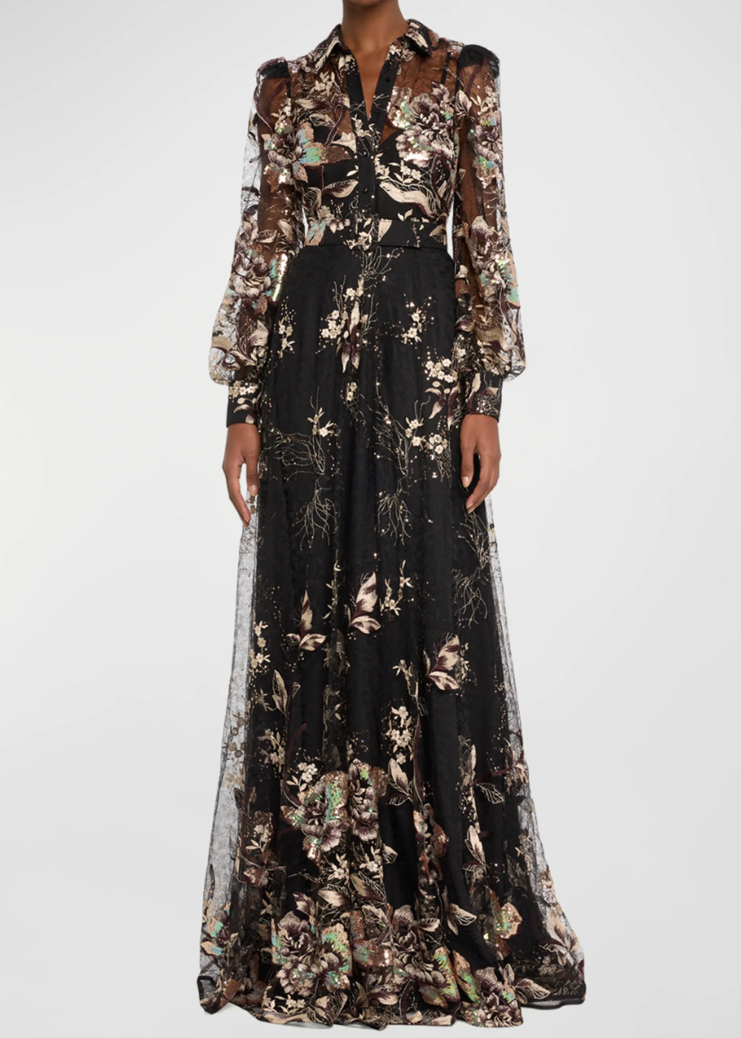 Belted Embroidered Sequin Lace Shirt Gown