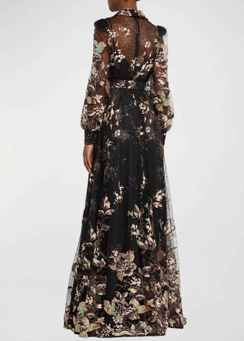 Belted Embroidered Sequin Lace Shirt Gown